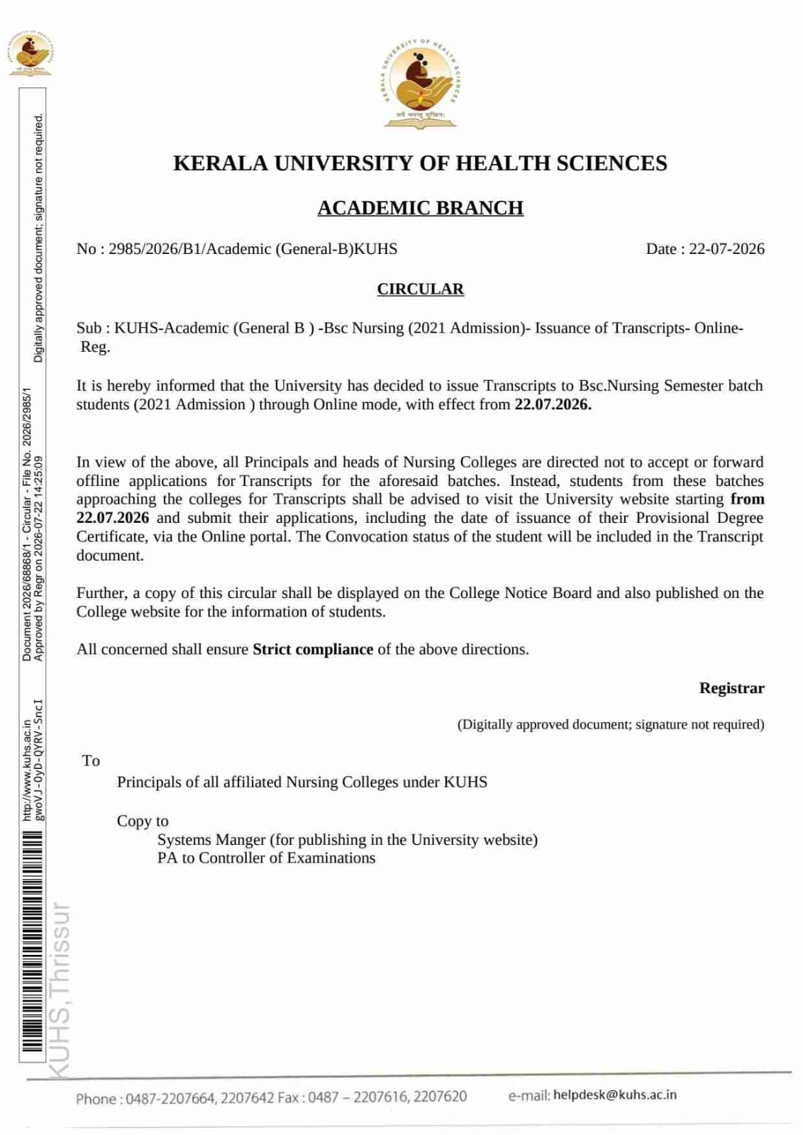 ISSUANCE OF TRANSCRIPT